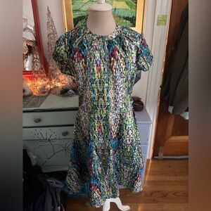 Colorful Fit and Flare Dress M Stained Glass Pattern Cutouts Cap Sleeve VGUC